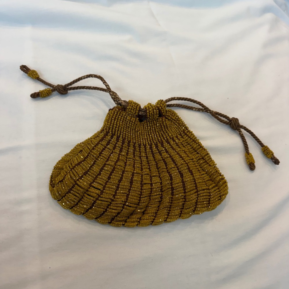 Vintage Amber Seed Bead Drawstring Pouch Fan Shaped Evening Bag Gold Brown